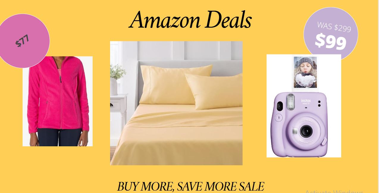 yellow background with amazon products and written Buy more save more sale