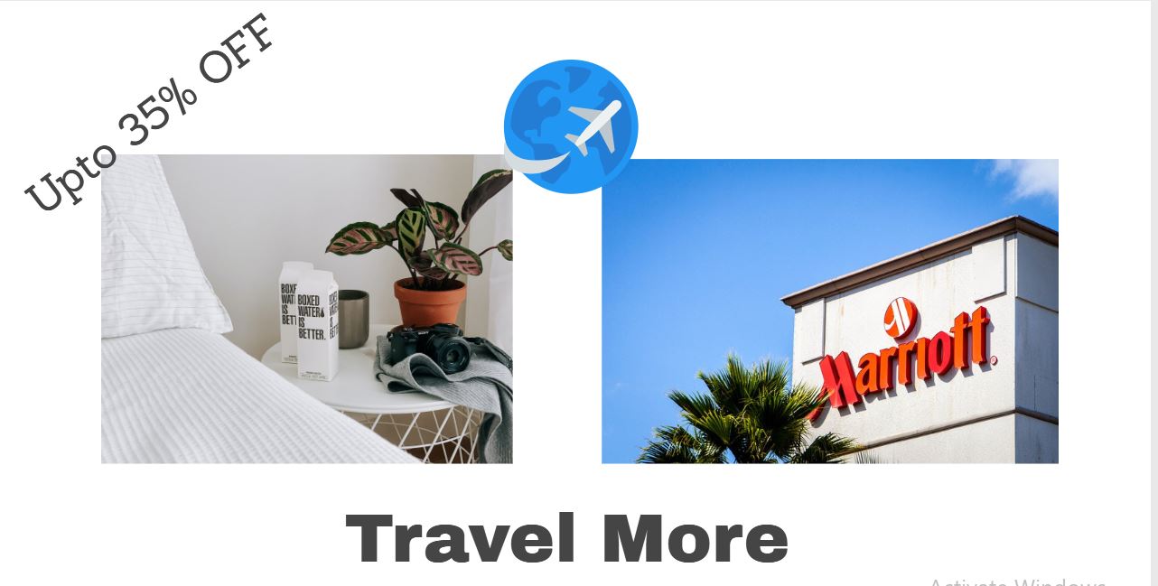 white background image with marriott and room pictures and written "35% off"