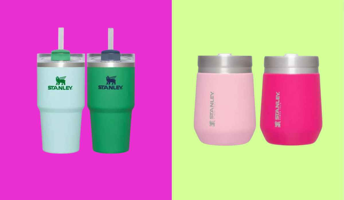 pink and green background with stanley mugs