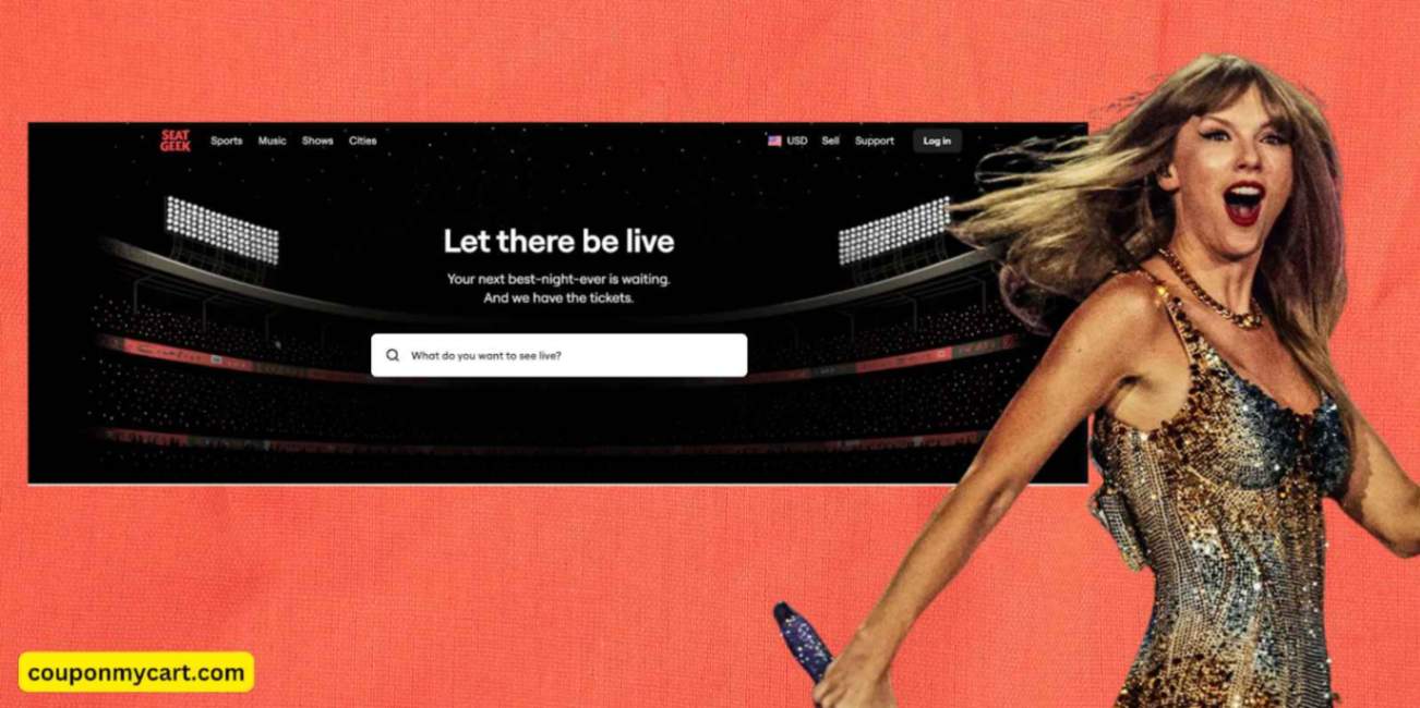 orange background with taylor swift image with mic and seatgeek promo codes mentioned